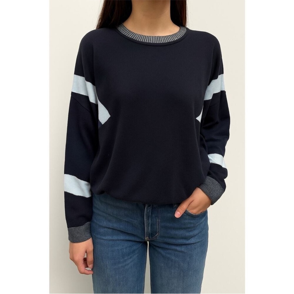 Planet Lauren G Geo Blocks Pima Round Neck Rib Trim Sweater One Size